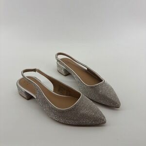 A New Day Womens 8 Silver Slingback Heels Rhinestone Pointed Toe Block Heel